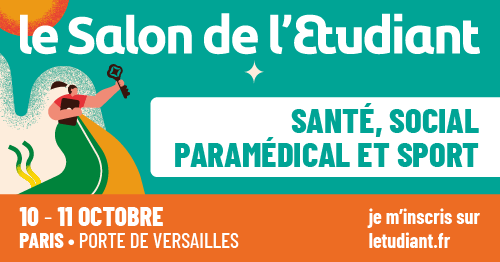 Affiche promotionnelle du Salon de 'Etudiant Santé Social Paramédical et Sport, le 10 et 11 octobre 2026 au Paris Expo portes de Versailles. Inscription sur l'étudiant.fr